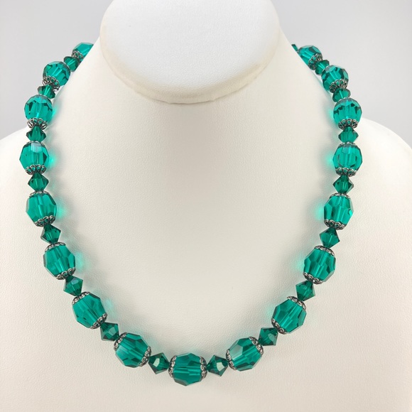 Vintage Crystals Necklace, Teal Blue, Restrung, Filigree, Gothic, Medieval Core - Picture 2 of 5